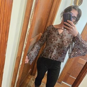 Boho Patterned Sheer Women's Top Size M